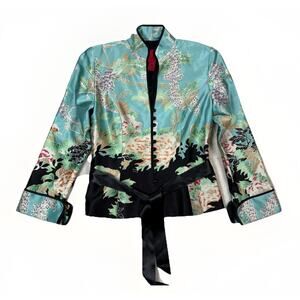 JS Collections 100% Silk Blazer Asian Kimono Mandarin Collar Size 6 Blue Floral